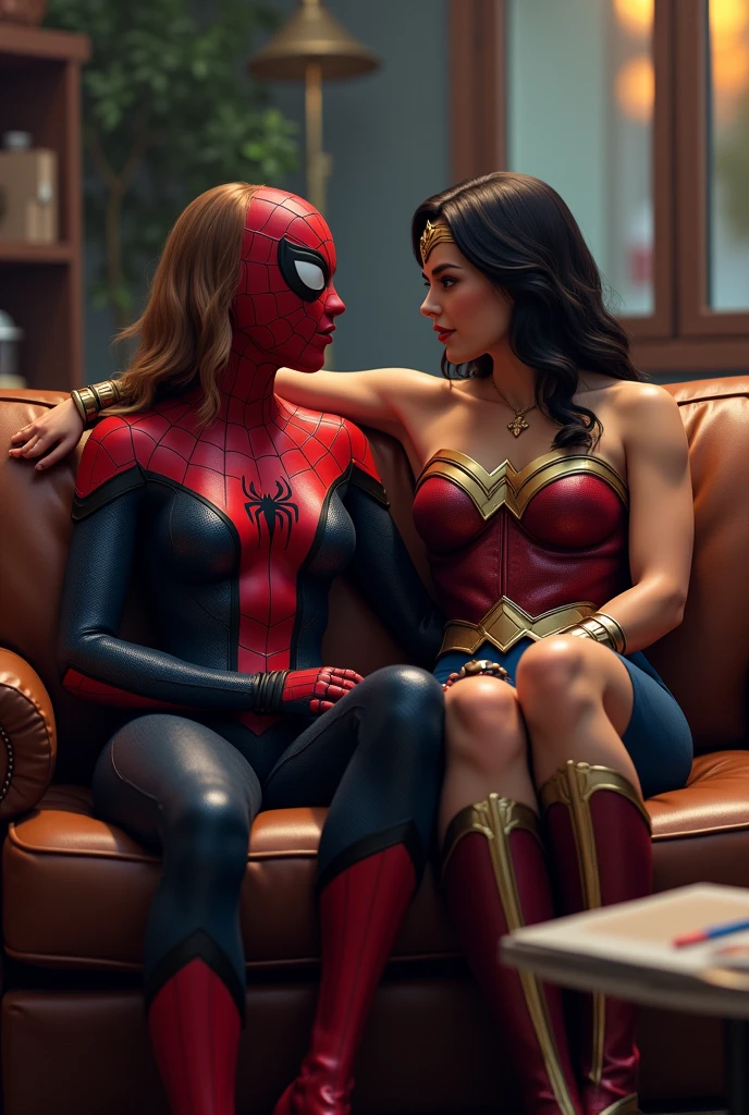 Spider Gwen and Wonder Woman sitting on a leather couch 