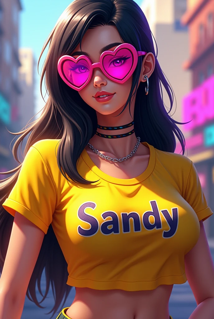 Free Fire game style female character, with big long hair and yellow heart glasses shirt with the name SANDY written on it 