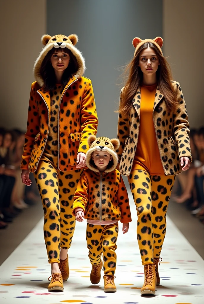 Overloaded with details, mother, daughter and boy dressed as cheetahs walk in a fashion show just like in real life.