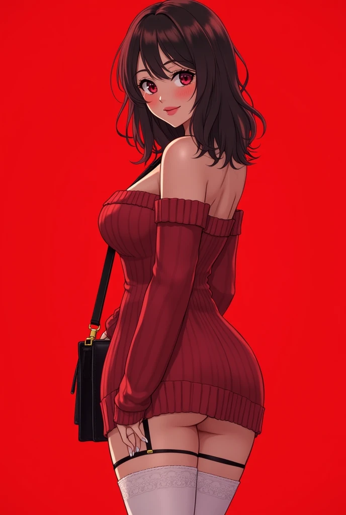 1girl,solo,red background,,ruanyi0898,garter straps,handbag,sweater dress,skirt,white thighhighs,score_9, score_8_up, score_7_up, score_6_up, score_9, score_8_up, score_7_up, score_6_up source_anime, blush, 1girl, seduce smile, perfect body , natural huge breasts