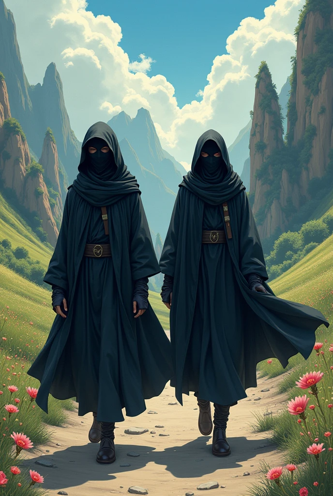 Two Nomads with black masks and black overcoats, merchants traveling on foot, anime version