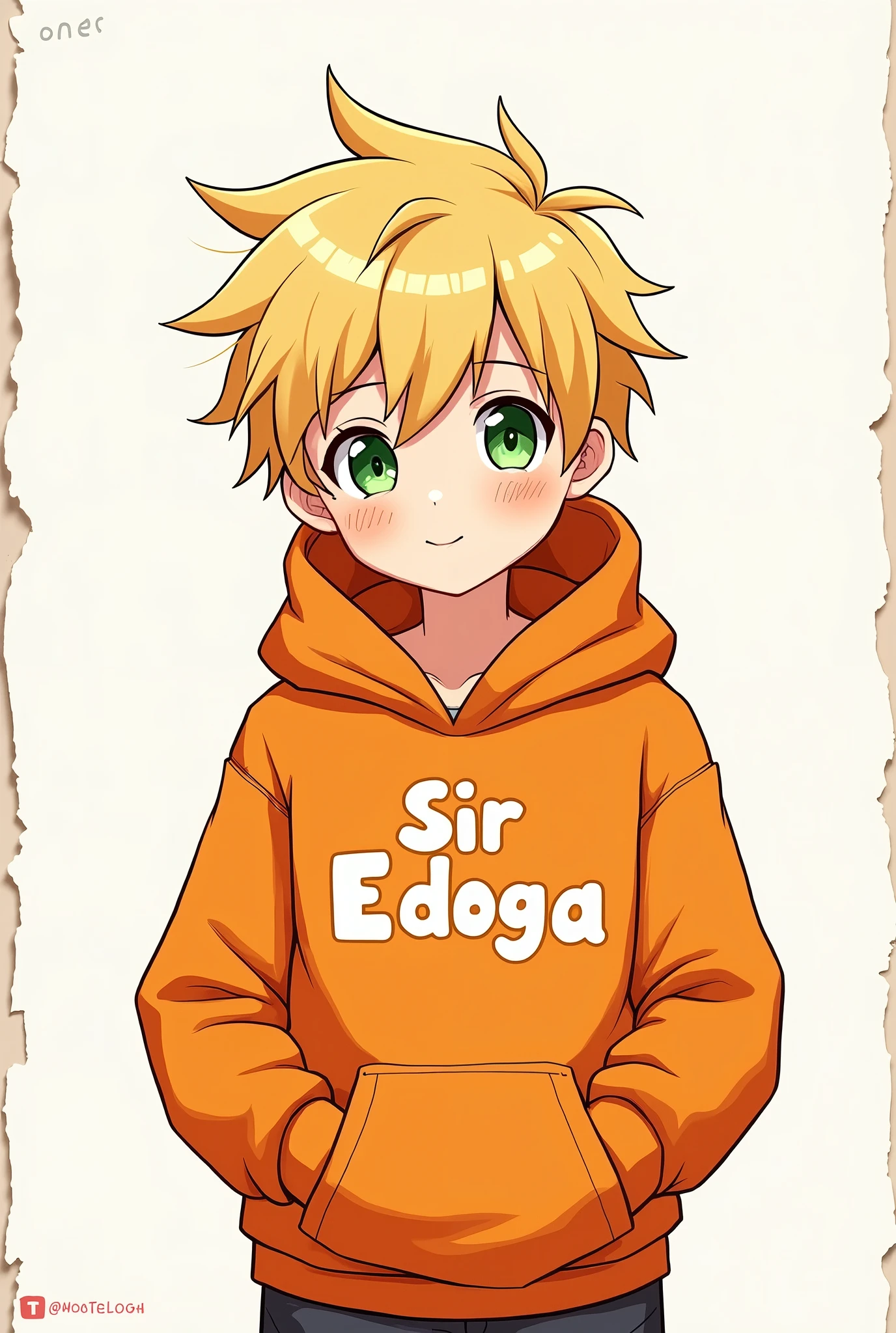 A boy drawn on paper with blonde hair green eyes wearing a orange hoodie written on the hoodie sir edoga