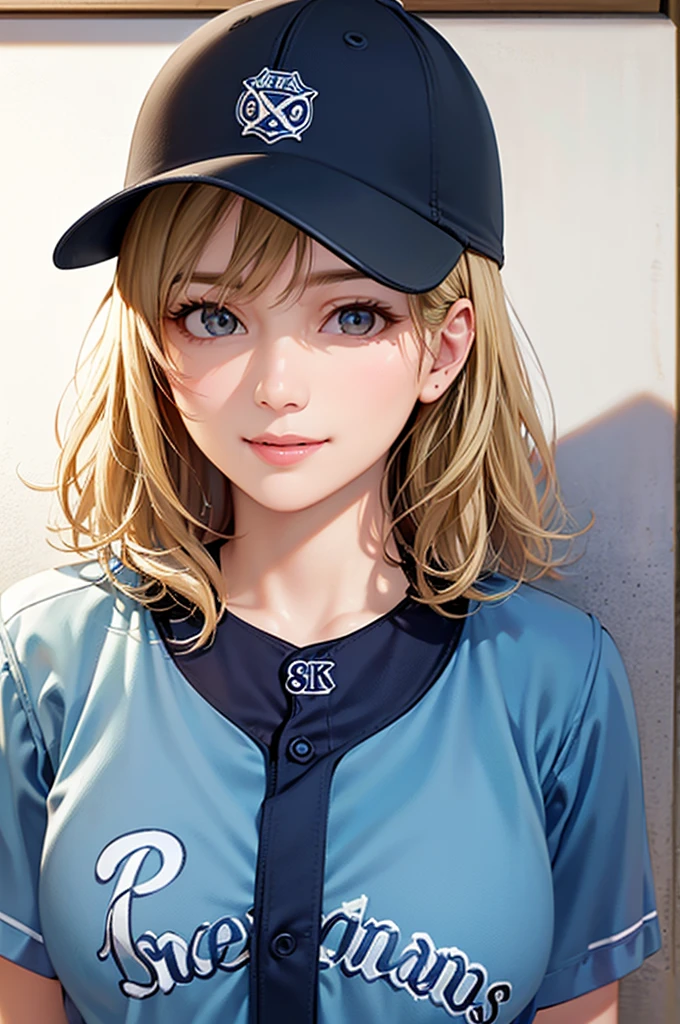 (Highest quality、8k、32K、masterpiece)、(Realistic)、(Realistic:1.2)、(High resolution)、Very detailed、Very beautiful face and eyes、Tight waist、(close、Highest quality、Attention to detail、Rich skin detail)、(Highest quality、8k、Oil paints:1.2)、(Realistic、Realistic:1.37)、Bright colors、(((Frame In)))、(((Pure white wall background)))、(((blonde)))、(((Upper Body Shot)))、(((Medium Hair)))、(((White wall background)))、(((Fun Expressions)))、(((Baseball uniforms)))、(((Light blue uniform)))、smile、(((Medium Hair、Baseball cap)))