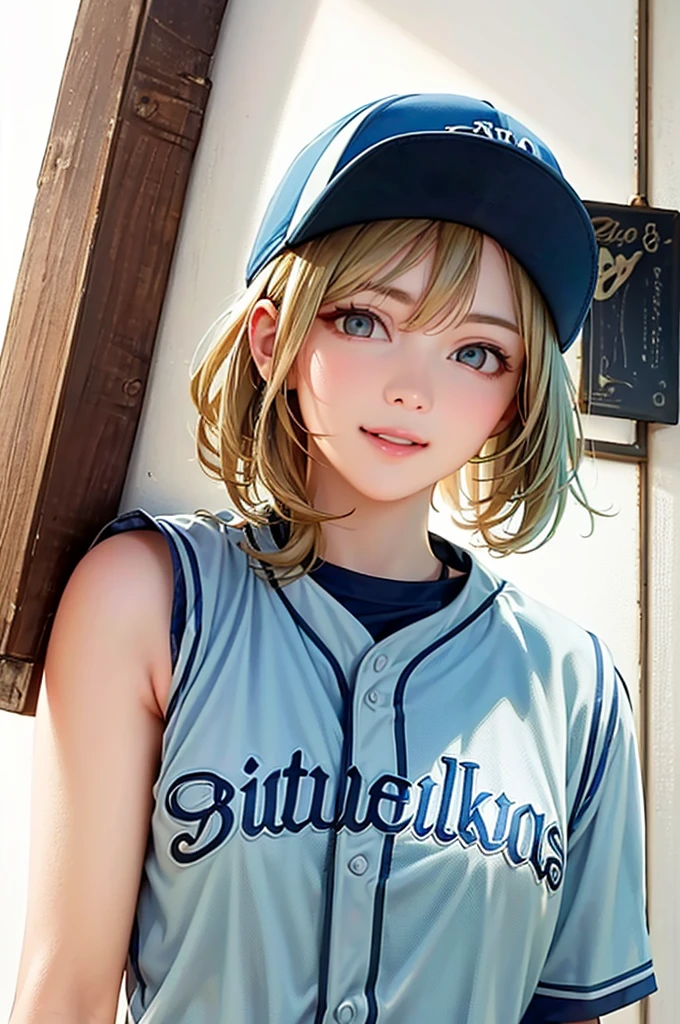 (Highest quality、8k、32K、masterpiece)、(Realistic)、(Realistic:1.2)、(High resolution)、Very detailed、Very beautiful face and eyes、Tight waist、(close、Highest quality、Attention to detail、Rich skin detail)、(Highest quality、8k、Oil paints:1.2)、(Realistic、Realistic:1.37)、Bright colors、(((Frame In)))、(((Pure white wall background)))、(((blonde)))、(((Upper Body Shot)))、(((Medium Hair)))、(((White wall background)))、(((Fun Expressions)))、(((Baseball uniforms)))、(((Light blue uniform)))、smile、(((Medium Hair、Baseball cap)))