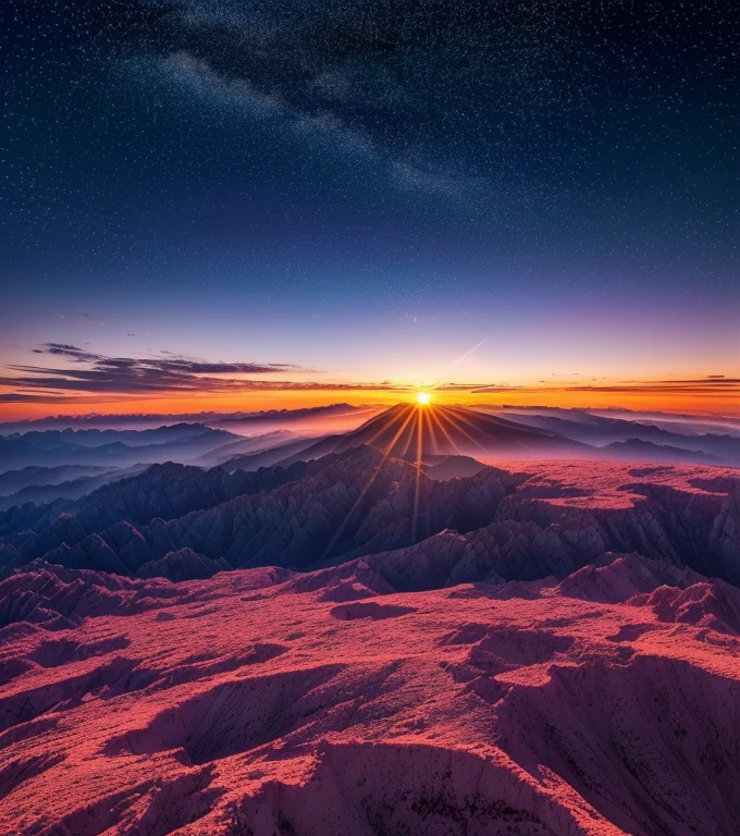 (best quality,high resolution,Chef-dœudansre:1.2),couleurs vives,Ultra-detailed,Paysage extraterrestre,planètes de différentes couleurs dans le ciel,Little Stars,sunset at the'horizon,Paysages d’un autre monde,Des couleurs fantastiques.