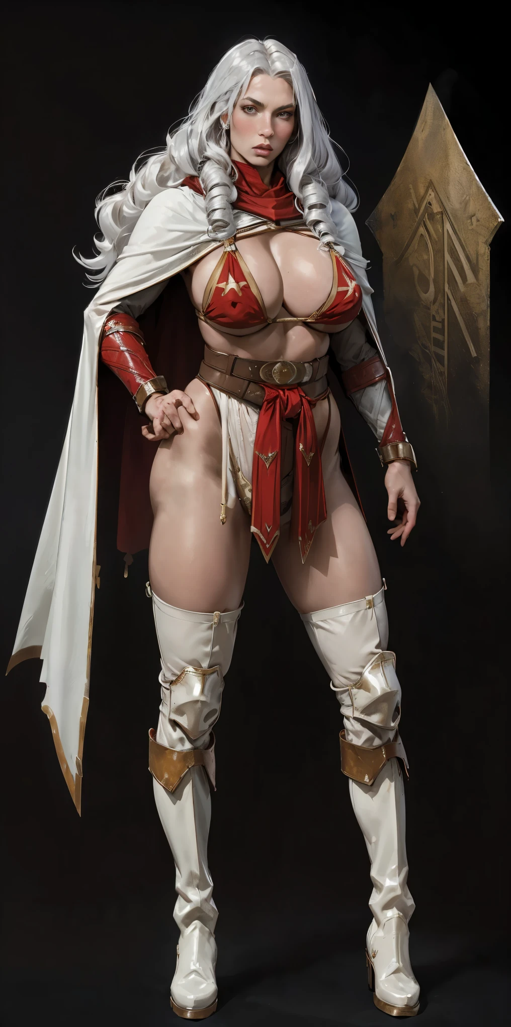 (masterpiece, best quality) (black background) full body standind straight symmetrical, FEMALE warrior princess Mercedez Von Martritz, twin big belt around waist, long curly WHITE SILVER hair, very white skin, female wearing full body bikini armor with red cape, brown leather boots, adventurer outfit, veteran warrior milf bimbo