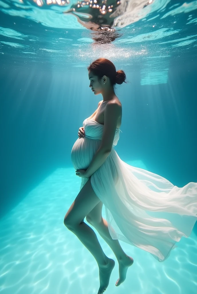 A highly detailed, ultra-realistic portrait of a pregnant woman of Asian descent from Turkey in an underwater photoshoot. She is wearing a flowing, ethereal white dress that moves gracefully with the water. The setting is a clear blue pool, with beams of sunlight filtering through the water, creating a magical, shimmering effect. The lighting is soft and diffused, highlighting her serene expression and the fluidity of her movements. The photo is taken from below, capturing the sense of weightlessness and tranquility of the underwater environment.