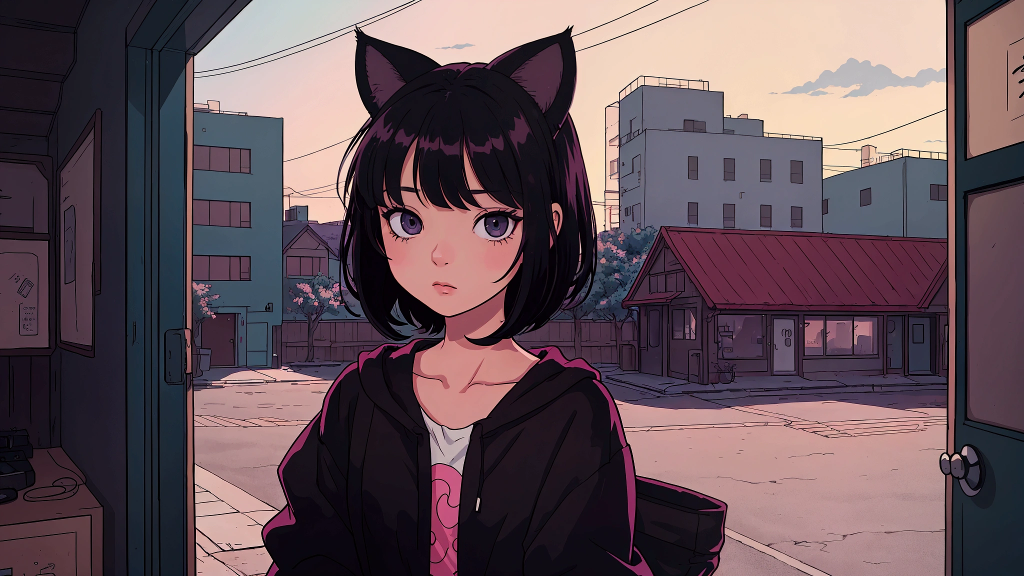 A girl with short black hair and cat ears, wearing dark clothes,with shiny hair with a relaxing atmosphere. She is a little further away, with a view of her from the waist up, listening to music, and the detailed and vibrant colors, reflecting an 80s and 90s anime aesthetic, mixed with a touch of Fujifilm aesthetics. The girl has beautiful eyes, and the entire composition is in 4K, capturing the lofi aesthetic with a soft and tranquil atmosphere.