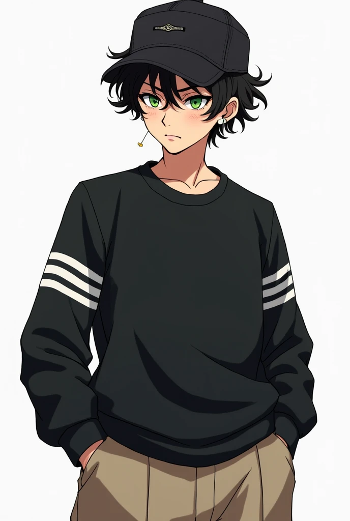 ((Artwork)), ((8K)), (2024s anime line style), 1 young man of Italian ethnicity, short black curly hair, wearing a black cap turned backwards, short slanted eyes, shaved mustache, green iris color, wearing a cross earring in the left ear, freckles on the face, semi-strong body, wearing a black sweater with white band details, wearing wide beige men's pants, hands in pockets, inclined spine, serious look.