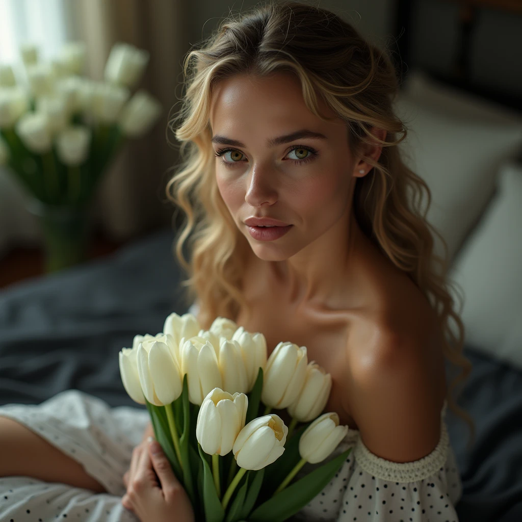 Toffee color skin, beautiful toffee mixed woman with long blond very curly hair flat bat and extremely detailled clear yellow eyes, A soft and intimate indoor scene featuring a woman sitting on a dark bed, holding a bouquet of white tulips close to her chest. The woman has curly hair tied up loosely, with soft lighting filtering through a nearby window, casting a gentle glow on her. She wears a delicate, off-the-shoulder dress with a subtle polka dot pattern, creating an elegant and nostalgic atmosphere. The background is filled with more white flowers, enhancing the serene and romantic mood of the image. The overall ambiance is one of quiet reflection and delicate beauty. Ultrarealism, realism, real