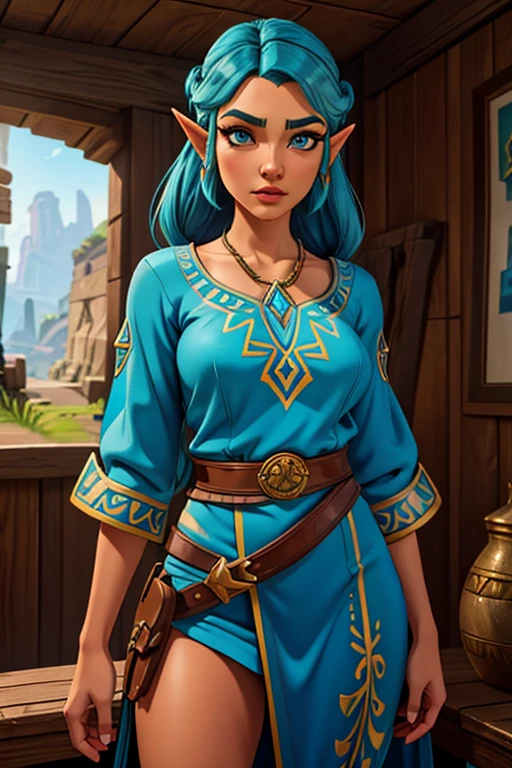 a highly detailed 1girl, wearing the iconic zelda outfit from the video game breath of the wild, standing alone and looking directly at the viewer, beautiful detailed eyes, beautiful detailed lips, extremely detailed face, long eyelashes, photorealistic, cinematic lighting, vibrant colors, intricate fabric textures, masterful 3d rendering, 8k resolution, hyper realistic, digital art, concept art style