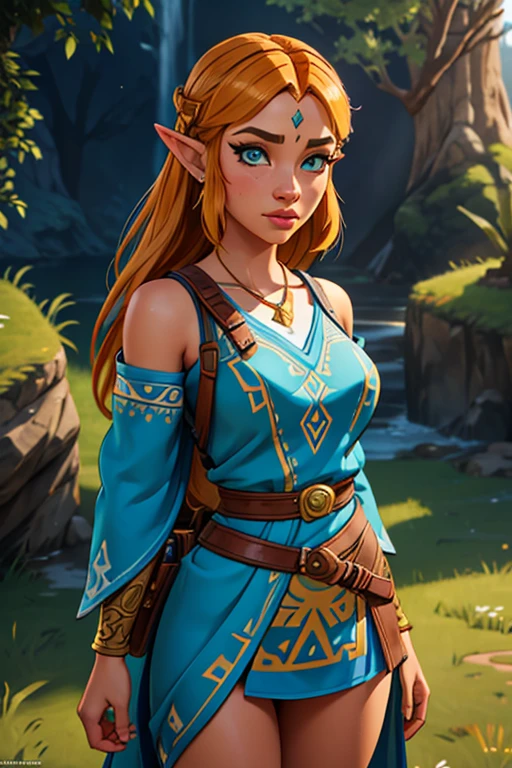 a highly detailed 1girl, wearing the iconic zelda outfit from the video game breath of the wild, standing alone and looking directly at the viewer, beautiful detailed eyes, beautiful detailed lips, extremely detailed face, long eyelashes, photorealistic, cinematic lighting, vibrant colors, intricate fabric textures, masterful 3d rendering, 8k resolution, hyper realistic, digital art, concept art style