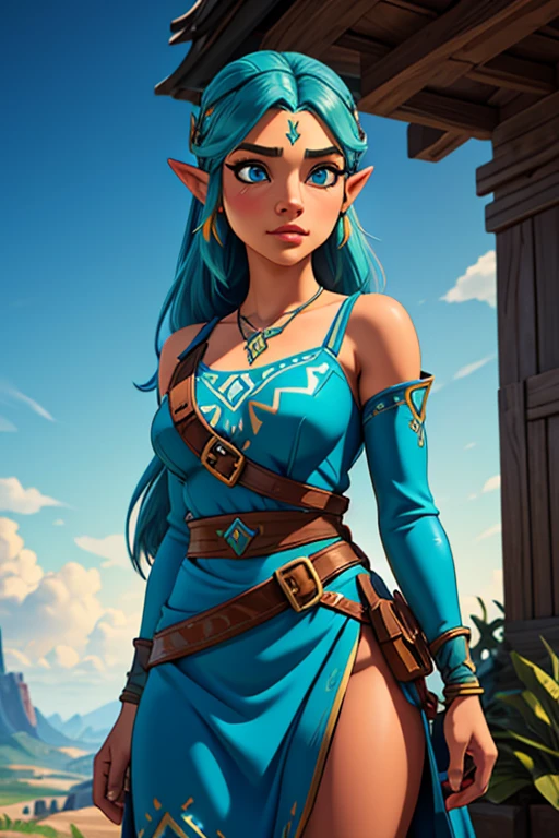 a highly detailed 1girl, wearing the iconic zelda outfit from the video game breath of the wild, standing alone and looking directly at the viewer, beautiful detailed eyes, beautiful detailed lips, extremely detailed face, long eyelashes, photorealistic, cinematic lighting, vibrant colors, intricate fabric textures, masterful 3d rendering, 8k resolution, hyper realistic, digital art, concept art style