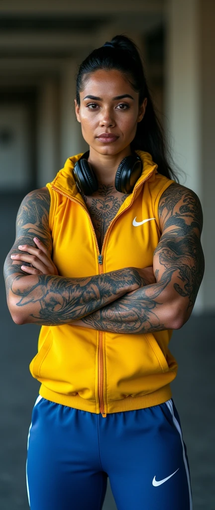 Muscular girl full of tattoos busty wearing track suit sexy face and smile, Indian female, age 33, 38-D cup breasts, huge round boobs, sweaty body, very muscular and ripped shredded physique defined arms and biceps posing biceps flex, wearing Nike sleeveless outfit flexing bicpes, highly detailed and realistic, Yellow jacket and blue tracks with shoes, wearing headphones around neck, full body length photo looking straight at the camera full body length. 4k HD.