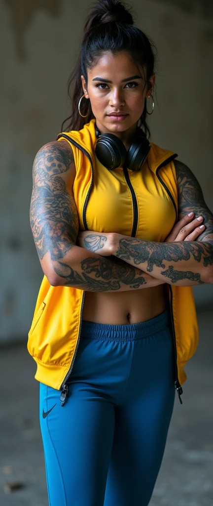 Muscular girl full of tattoos busty wearing track suit sexy face and smile, Indian female, age 33, 38-D cup breasts, huge round boobs, sweaty body, very muscular and ripped shredded physique defined arms and biceps posing biceps flex, wearing Nike sleeveless outfit flexing bicpes, highly detailed and realistic, Yellow jacket and blue tracks with shoes, wearing headphones around neck, full body length photo looking straight at the camera full body length. 4k HD.