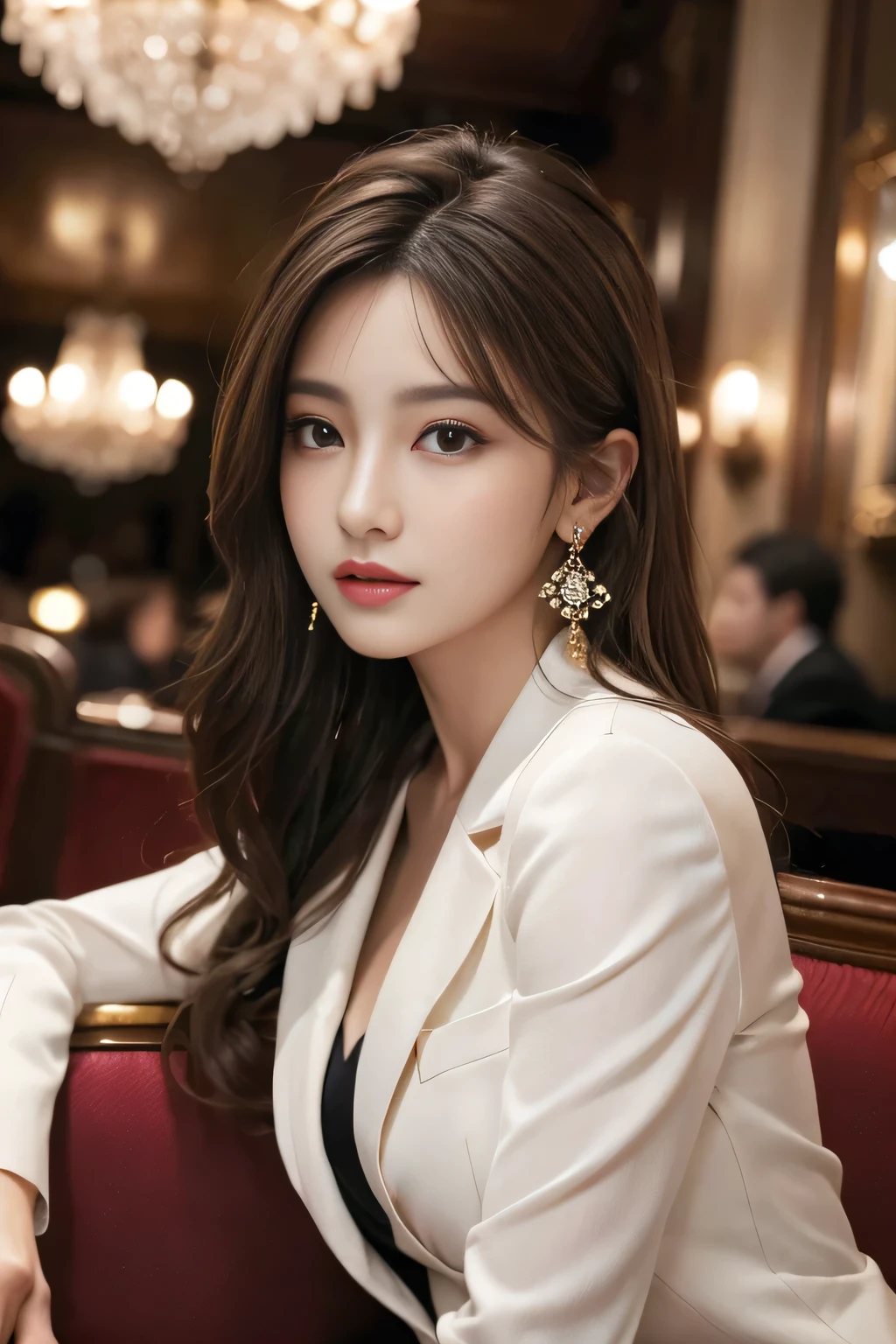masterpiece, Highest quality, Realistic, Very detailed, Finer details, High resolution, 8k wallpaper, One beautiful woman, Wear a nice suit, In a great restaurant, At night, Light brown messy hair, Perfect dynamic composition, Beautiful and beautiful eyes、Big earrings、Sit on the sofa、
