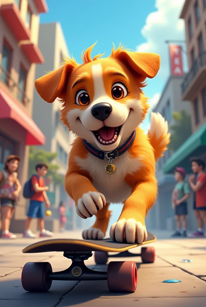Dog riding a skateboard