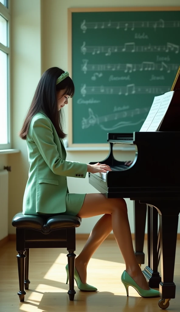 One girl, Japanese 30 years old,A gentle smile with a charming face,High resolution, Highest quality,School Music Room,A simple light green hairband,Straight long hair ,Long, slender legs,White light natural light,Bright visibility all the way to your feet,Black Hair,Light green business suit,Light green mini skirt,Light green patent leather high heels,Shiny dark black stockings,Black garter belt,Playing the grand piano,Hands on the piano keys,The blackboard in the background has musical staves and notes written on it.,Diagonal composition,masterpiece, Highest quality, Textured skin, movie, A bright photo that highlights her long legs and high heels,