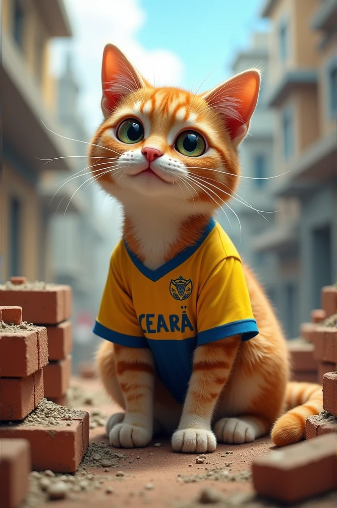 A cat working as a bricklayer wearing the Ceará team shirt 