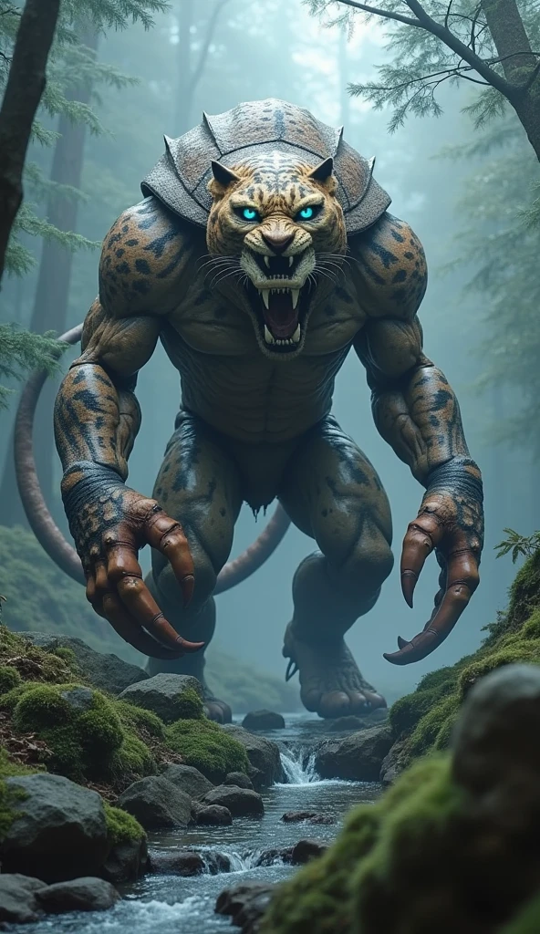 A monstrous creature blends features of a leopard and a crab, with a muscular, humanoid body, large claws, and striking blue eyes. It stands prominently in a misty forest setting, surrounded by rocky terrain and a small stream. The dramatic lighting emphasizes its fierce expression and textured skin, contrasting with the tranquil background of trees and water.