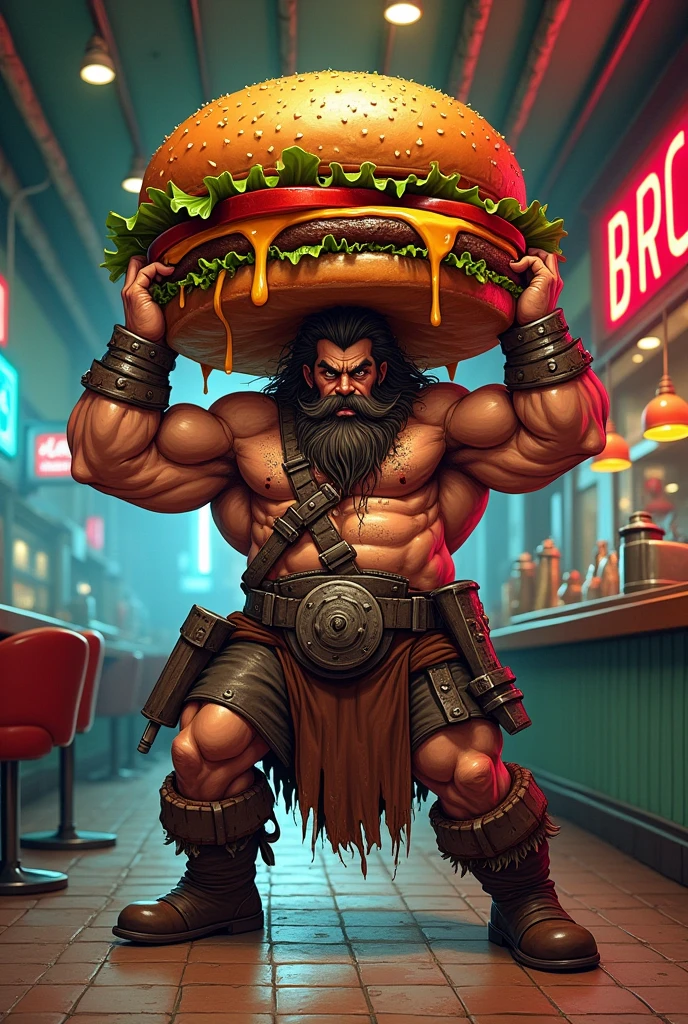 Make an image of a barbarian holding a hamburger as a drawing of a burger shop logo