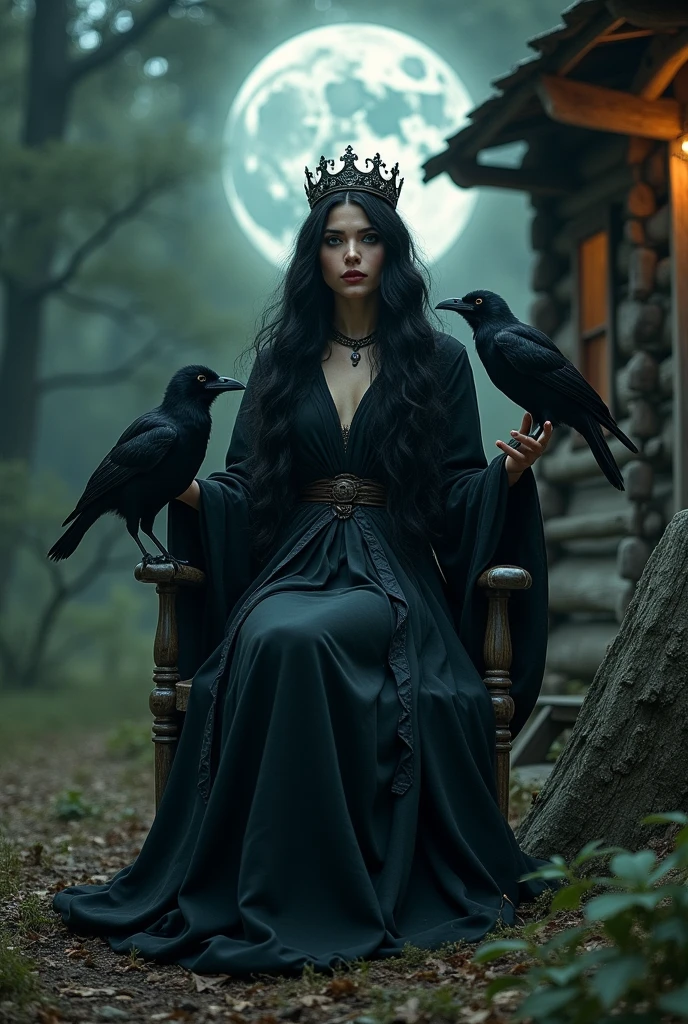 a woman dressed as a witch with a black robe, with a crown on her head, the robe reveals her face, in her hands she has a black cat and on her a black crow. She is sitting on an old wooden chair outside an old cabin in the woods in the middle of the night, there is a full moon.