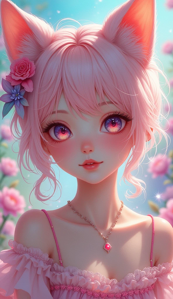 8K quality, watercolor painting, stylish design(((masterpiece))), (((Highest quality)))(, (Ultra-detailed)), A fusion of watercolor and oil painting, Psychedelic world, Commemorative photo, White Dress、super precision embroidery, See-through lace, ribbon, see-through frill,cute, beautiful girl, ta, , 1 cute girl, (Look forward), (Looking at this), (Very delicate and beautiful face), (Beautiful eyes in every detail), ((((Heterochromia Iridum - Red and Blue Eye Color))))、Through the bangs, Pale pink hair,Twin tails, Cat ear, 髪の色と同じ色のCat ear, Beautiful attention to detail, Beautiful lip detail, Highly detailed face, Attractive eyes, Long eyelashes, smile, Open your mouth a little, One Girl, Digital Art, pastel colour, ((Use the rainbow as your main color)),Vibrant colors,fantasy art pieces,dream-like,Mythical fantasy with rainbow accents,Fairytale Fantasy, (((Translucent rainbow))),Rainbow gradient,Subtle iridescent details,Gives off an aura of magic,Exquisite detail,Heavenly, Flowers,Soft lighting, Cinematic, romantic, baby doll、Framing above the chest, Colorful gel background, Fractal Floral Background, Sparkling, Sparkling, LoliPerfect lighting, Sharp focus, High resolution, High resolution,High color rendering, High resolution