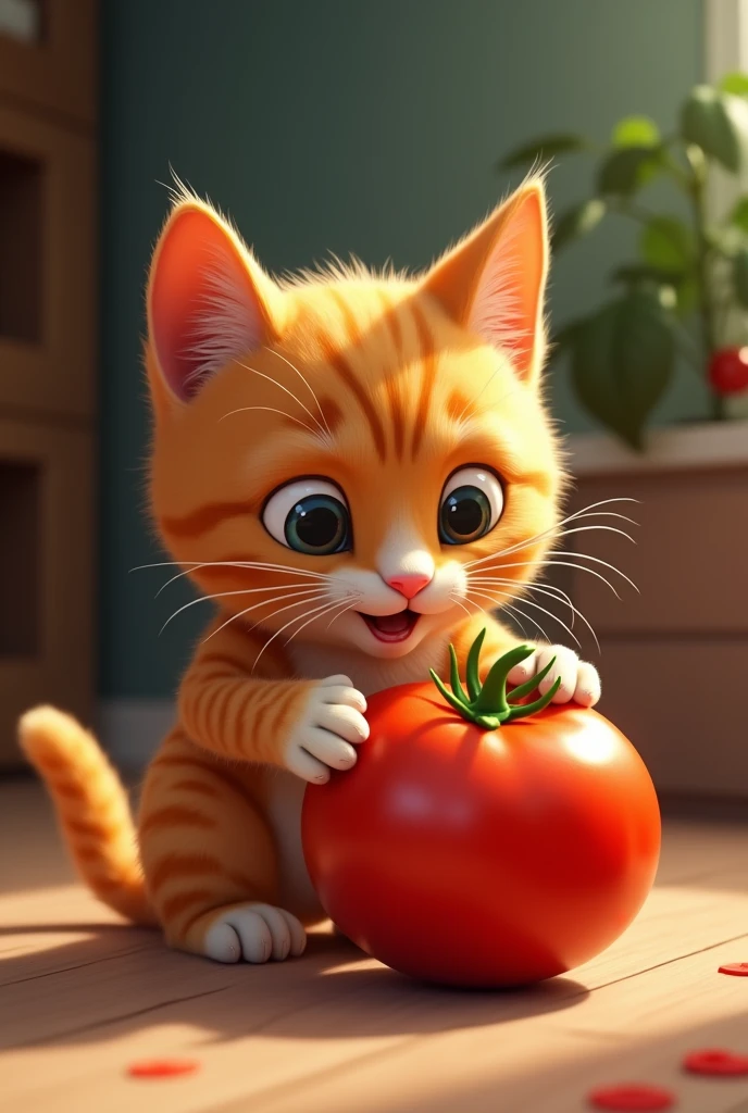 orange cat playing with a tomato