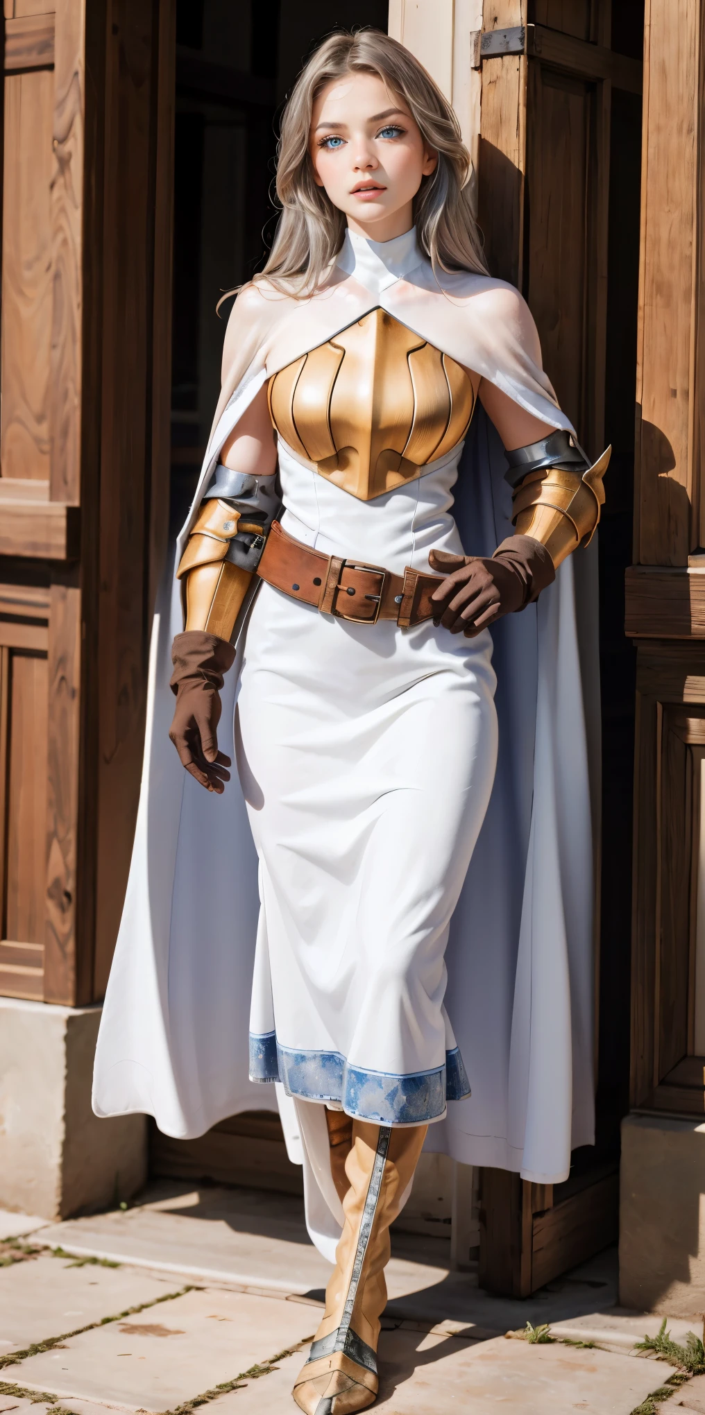 (masterpiece, best quality), 1girl, KnightFFT, long hair, SHITE SILVER hair, blue eyes, WHITE cape, armor, WHITE dress, belt, gloves, boots