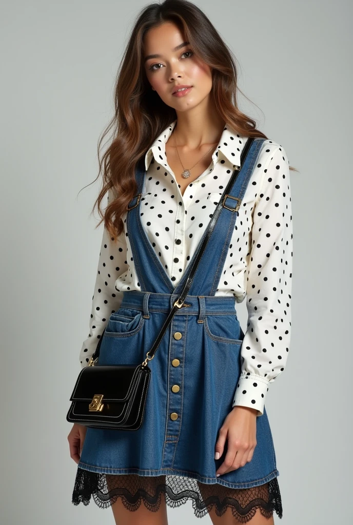 is wearing a layered look featuring a white polka-dot shirt underneath a blue denim dress paired with a black skirt with lace details. The outfit is accessorized with a crossbody black purse and delicate necklace, giving it a cute and girly aesthetic