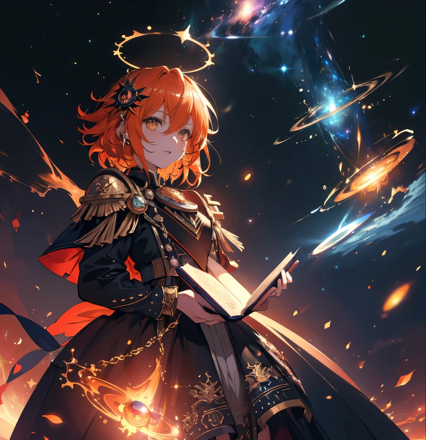 1girl, Fujimaru Ritsuka from Fate/grand order, orange hair, golden eyes, in a colorful cosmic nebula background with stars and galaxies, Warhammer 40k inspired, Ritsuka as a demonic prince, intricate details, flawless facial features, Holding the prophecy book in hand,Iron Halo, modest gothic attire, (best quality, 4K, 8k, highres, masterpiece:1.2), ultra-detailed, (realistic, photorealistic, photo-realistic:1.37), cinematic lighting, dramatic atmosphere, vibrant colors, digital art, fantasy, concept art style,