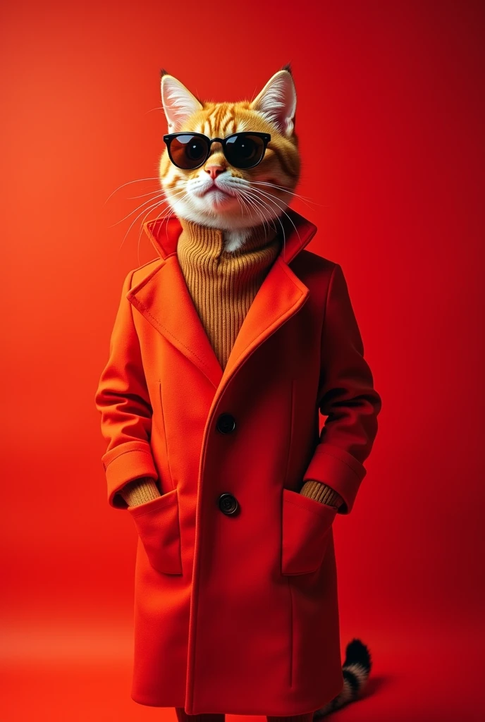 The best mobile wallpaper, Award winning wallpaper, portrait photography, In the front view there is a portrait of a cute cat dressed in 1960s mid-century space age clothing.., side view shot, shot with canon EOS R5, Establish a marked contrast that accentuates the subject., Fluorescent red tone, Wearing a very modern coat and sunglasses is a modern 60s style.., Clothes all in one color., beautiful background