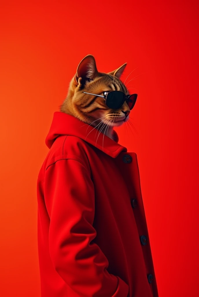 The best mobile wallpaper, Award winning wallpaper, portrait photography, In the front view there is a portrait of a cute cat dressed in 1960s mid-century space age clothing.., side view shot, shot with canon EOS R5, Establish a marked contrast that accentuates the subject., Fluorescent red tone, Wearing a very modern coat and sunglasses is a modern 60s style.., Clothes all in one color., beautiful background