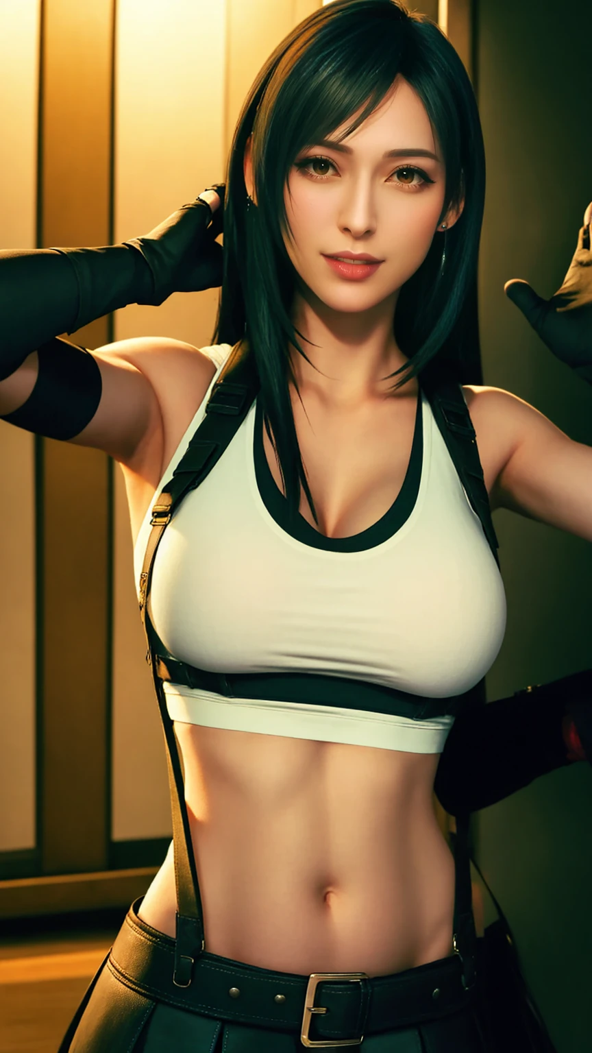 ff7r style,
Tifa Lockhart, One girl, thick lips, Raise your arms, Underarm, artist name, belt, Black Hair, chest, Red eyes, chestの谷間, Mouth closed, clavicle, Cowboy Shot, Crop top, Earrings, elbow gloves, Elbow pads, gloves, jewelry, large chest, lips, Long Hair, low-tied Long Hair, abdomen, belly button, indoor, skirt, smile, alone, Stomach, suspenders, Tank top, Upper Body, ((masterpiece))