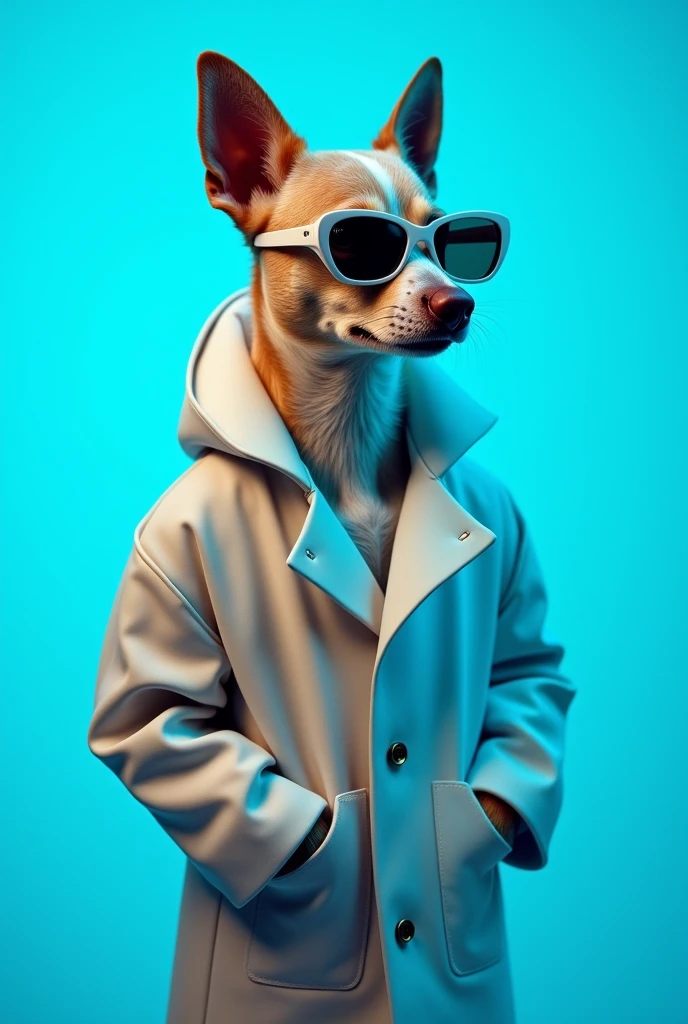The best cell phone wallpaper, Award-Winning Wallpaper, portrait photography, In the front view is a portrait of a cute dog wearing mid-1960s space age fashion, Side view photo, Shot with Canon EOS R5, Set a strong contrast that accentuates the subject, Fluorescent blue tone, Wearing a very modern coat and sunglasses is a modern 1960s style, Clothes all in one color, beautiful background