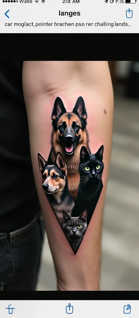 create a realistic black and gray arm tattoo with three elements, two dogs and a cat. The three animals are forming a triangle, positioned as follows: The bigger dog is alone and just below him, on the sides come the smaller dog and the cat. create something new, unique and mixed, something beautiful, that has coherence. The largest is a panda German shepherd, he has a lighter spot on his forehead and his chest is white, he has his mouth open looking to the side, the smaller dog is a very dark gray black, his ears are floppy, he has the white chest, white nose, the fur is a bit wavy, the tips and the entirety of the paws are white, he is a mix of a poodle and a yorkshire and his mouth is half open with his tongue a little out and the cat is black. green eyes, with white details on the diamond-shaped chest, the tips of the paws are white, the tail is thin and the tip of the tail is white, she is serious looking straight ahead.