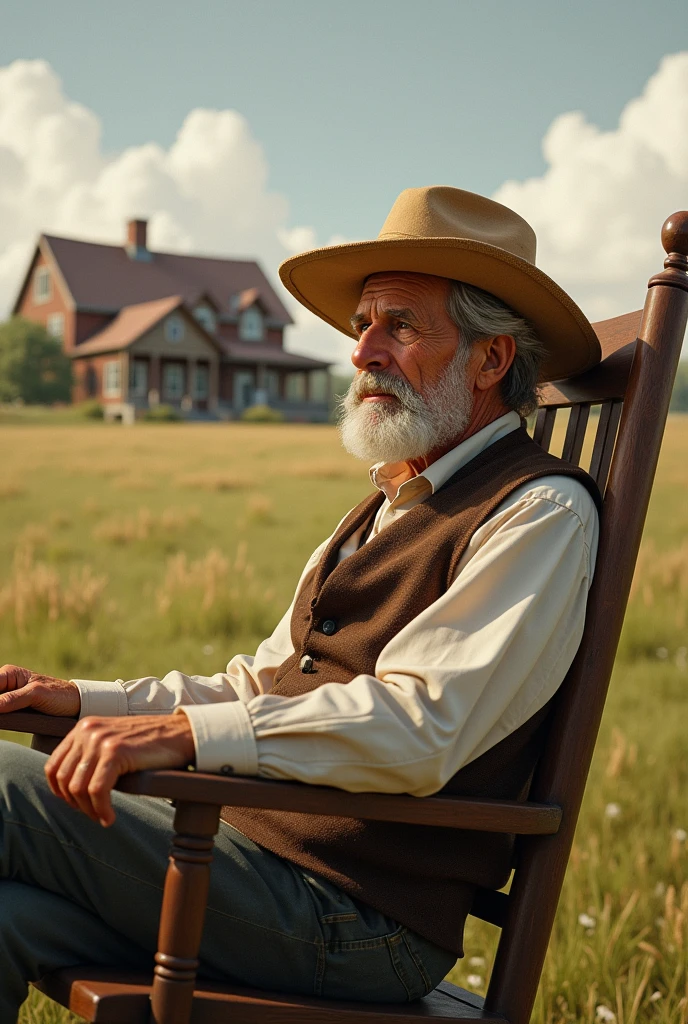 A country gentleman with a straw hat sitting in a rocking chair looking at the camera telling a story, with a farmhouse in the background