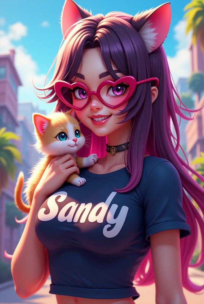 Free Fire game style female character, with big long hair and heart shaped glasses, with a kitten on the side, t-shirt with name SANDY written on it  