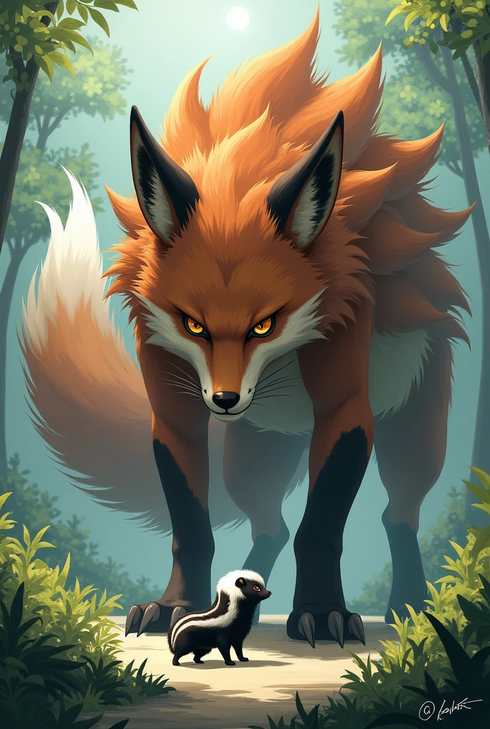 Giant Kurama staring at a skunk in fear
