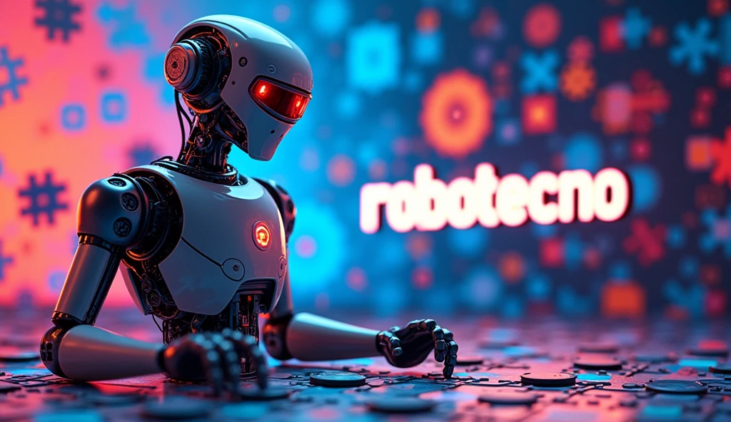 Create in landscape format, Exhibitor certificate at the 2024 Departmental Educational Technology Meeting., "robotecno".  robot , vibrant colors. robot ,  programming, LEGO (most important image), puzzle pieces