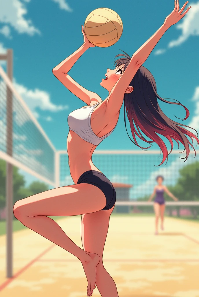 An anime girl playing volleyball naked
