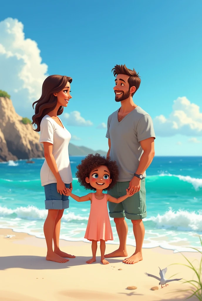 I want a Pixar-style drawing where a crystal-clear beach appears with a two-year-old girl holding hands with her two dads., the parents are two boys, I want the image in horizontal format. One of the boys has brown hair and blue eyes and the other is Peruvian with brown eyes and dark hair.. The girl is younger in age, the girl&#39;s hair is curly and light brown