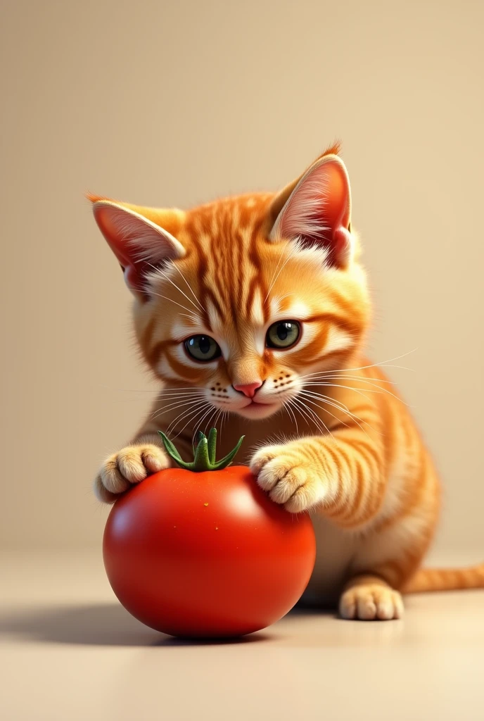 realistic orange cat playing with a tomato