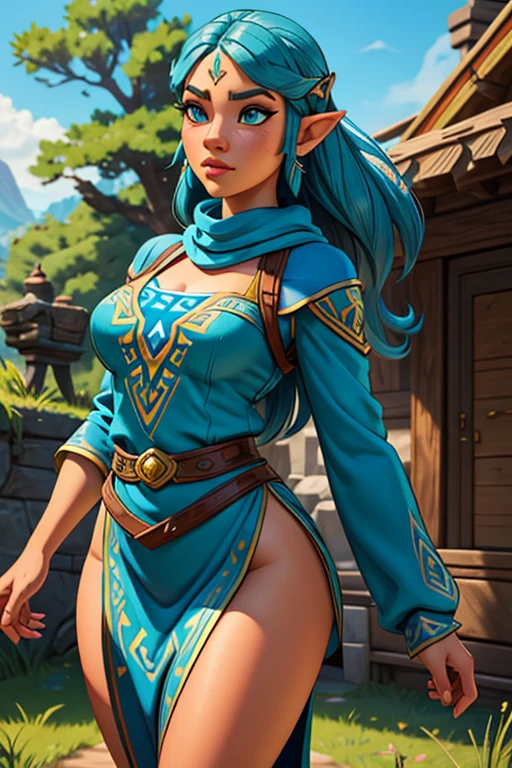 a highly detailed 1girl, wearing the iconic zelda outfit from the video game breath of the wild, standing alone and looking directly at the viewer, beautiful detailed eyes, beautiful detailed lips, extremely detailed face, long eyelashes, photorealistic, cinematic lighting, vibrant colors, intricate fabric textures, masterful 3d rendering, 8k resolution, hyper realistic, digital art, concept art style