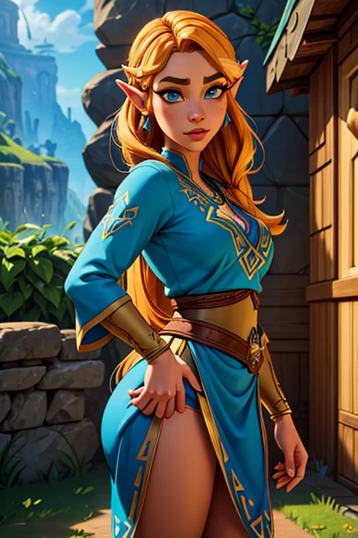 a highly detailed 1girl, wearing the iconic zelda outfit from the video game breath of the wild, standing alone and looking directly at the viewer, beautiful detailed eyes, beautiful detailed lips, extremely detailed face, long eyelashes, photorealistic, cinematic lighting, vibrant colors, intricate fabric textures, masterful 3d rendering, 8k resolution, hyper realistic, digital art, concept art style