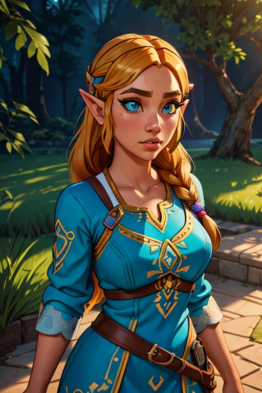 a highly detailed 1girl, wearing the iconic zelda outfit from the video game breath of the wild, standing alone and looking directly at the viewer, beautiful detailed eyes, beautiful detailed lips, extremely detailed face, long eyelashes, photorealistic, cinematic lighting, vibrant colors, intricate fabric textures, masterful 3d rendering, 8k resolution, hyper realistic, digital art, concept art style