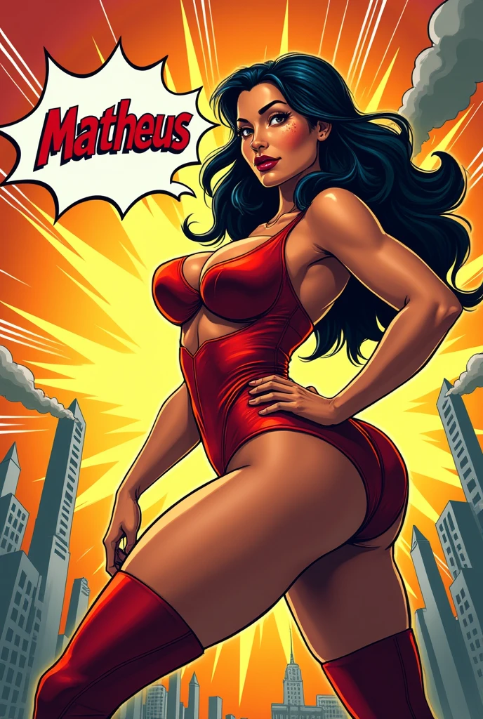 Comic book style with busty and big ass woman talking "Matheus"