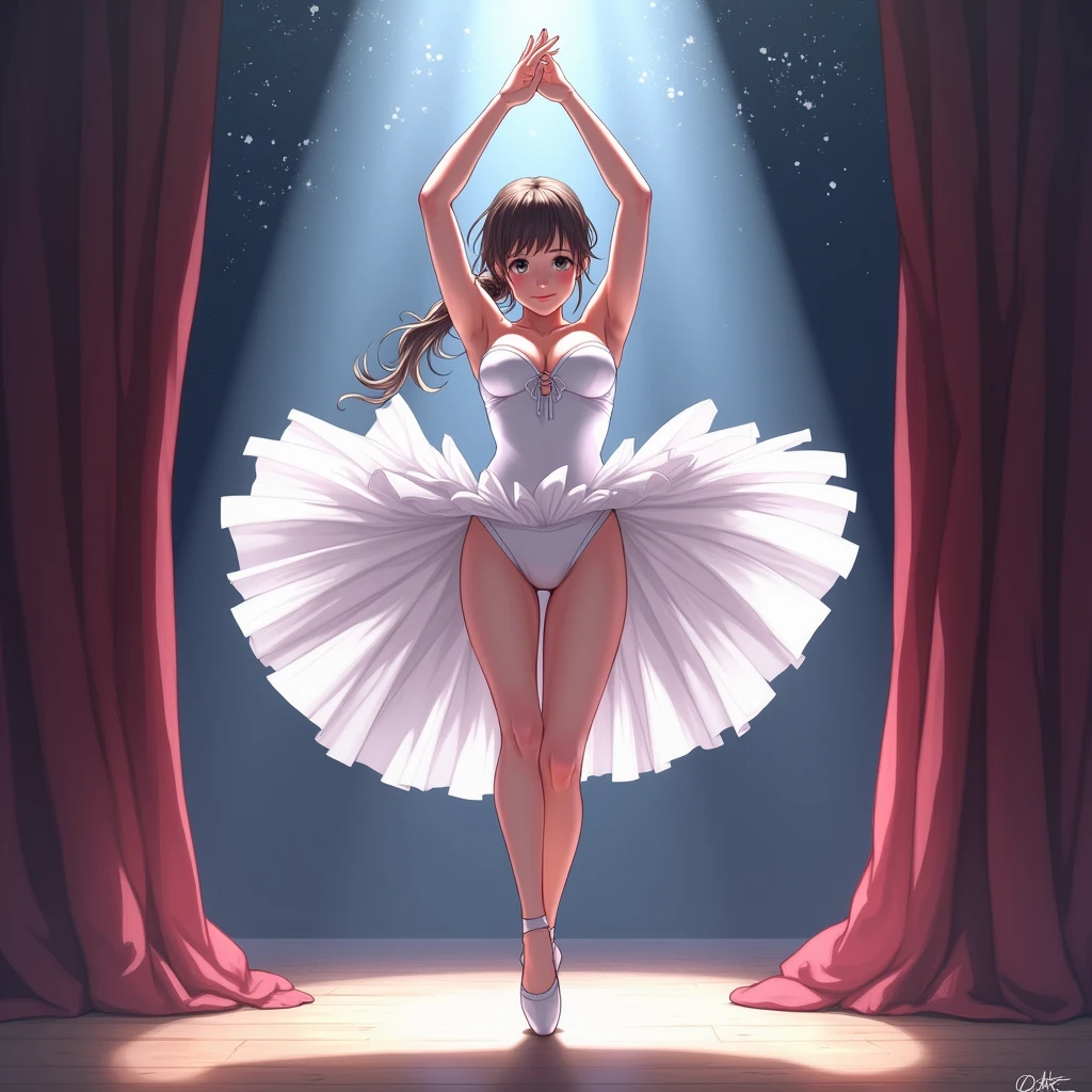 anime Illustration of a ballerina, white costume, tutu, camera perspective from underneath her thighs, showing pelvis, low shot, exposed thighs, raising arms and legs, low camera angle, showing from underneath tutu skirt, shot angle from underside, one leg raised up high, inner thighs, underwear, exposed crotch, visible groin, pubis mons, spread legs, on stage, looking from below, shot from underneath her crotch, one leg raised up, tutu blown up.