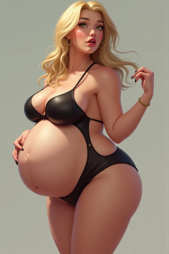 Slightly chubby pregnant blonde woman, thick hips, huge fat juicy butt, huge pregnant belly, big cleavage, busting out of tight one piece bathing suit, biting bottom lip, light makeup, hand on butt while the other moves hair out of her face, arched back, butt sticking out, blushing