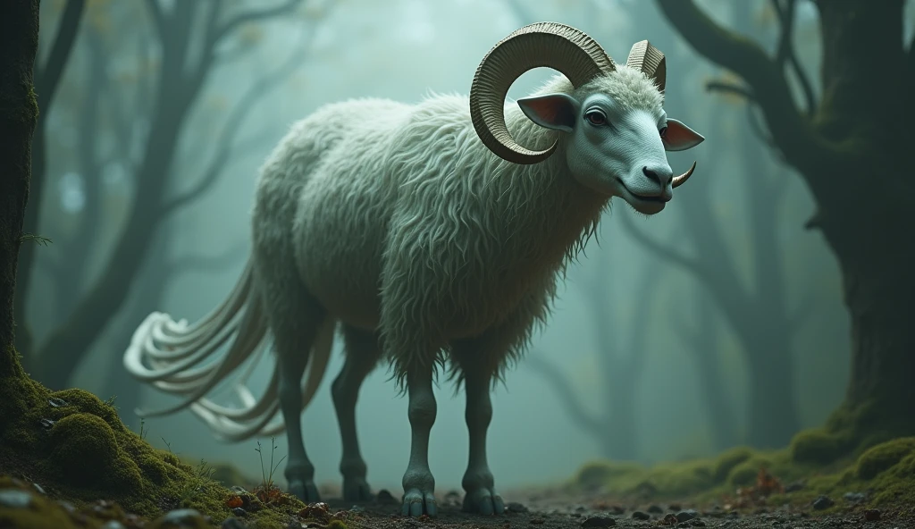 There is a wild beast in the strange forest,Sheep-like appearance,There are no eyes on the head but there are four ears,Its eyes are on its back.,There are nine long tails(best quality,4K,8k,High level,masterpiece:1.2),Ultra Detailed,(lifelike,Photo real,Photo real:1.37)